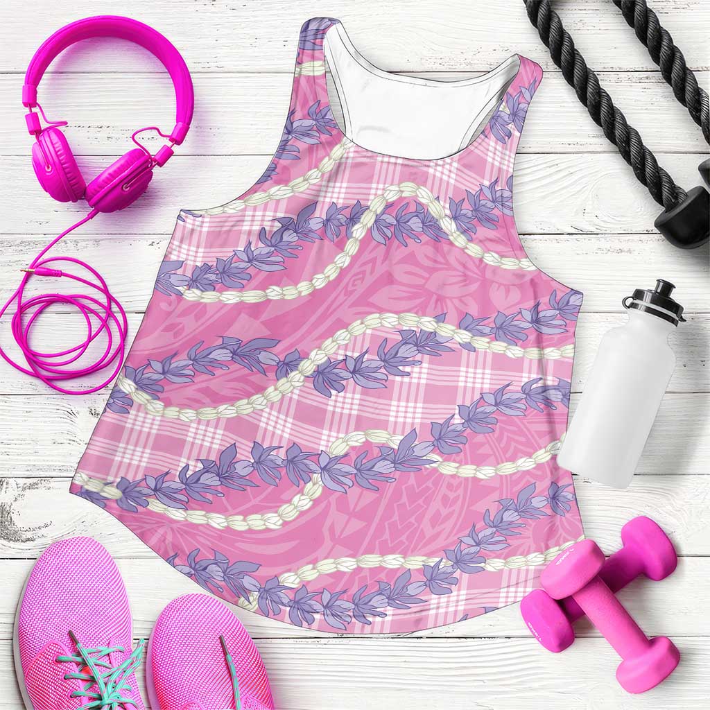 Pink Hawaii Palaka Honohono Pikake Women Racerback Tank Hawaiian Orchid Lei Polynesian Pattern - Polynesian Pride
