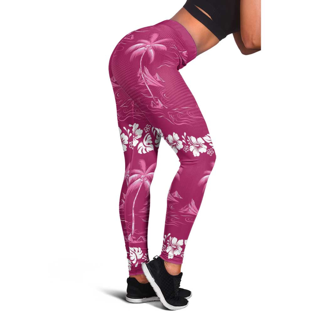 Pink Hawaii Palm Tree Hibiscus Leggings Fantasy Summer Vibe