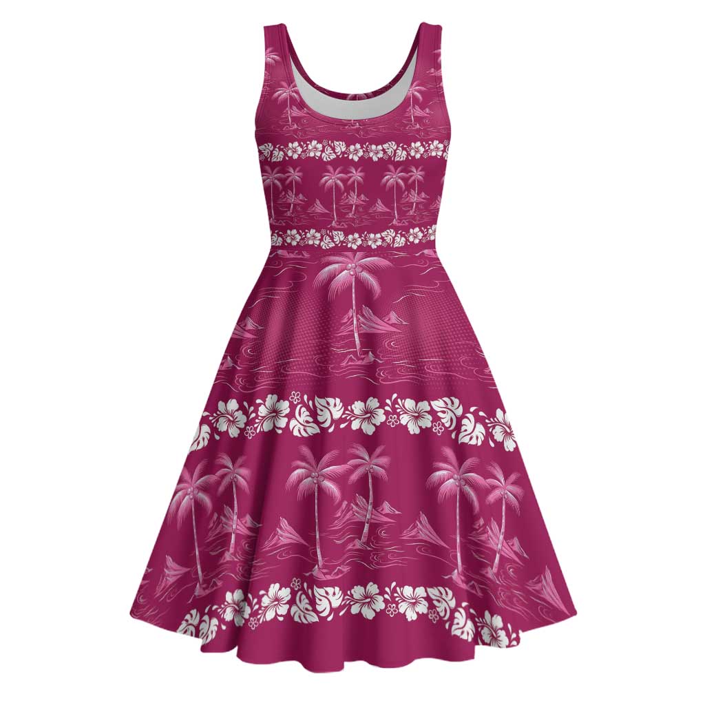 Pink Hawaii Palm Tree Hibiscus Midi Dress Fantasy Summer Vibe