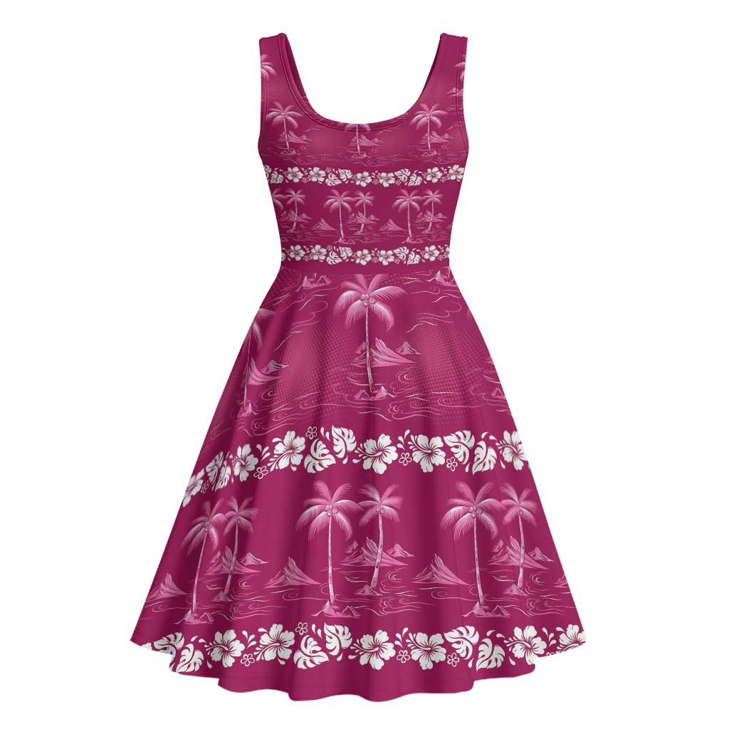 Pink Hawaii Palm Tree Hibiscus Midi Dress Fantasy Summer Vibe