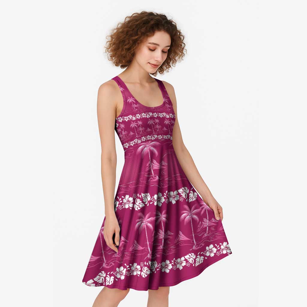 Pink Hawaii Palm Tree Hibiscus Midi Dress Fantasy Summer Vibe