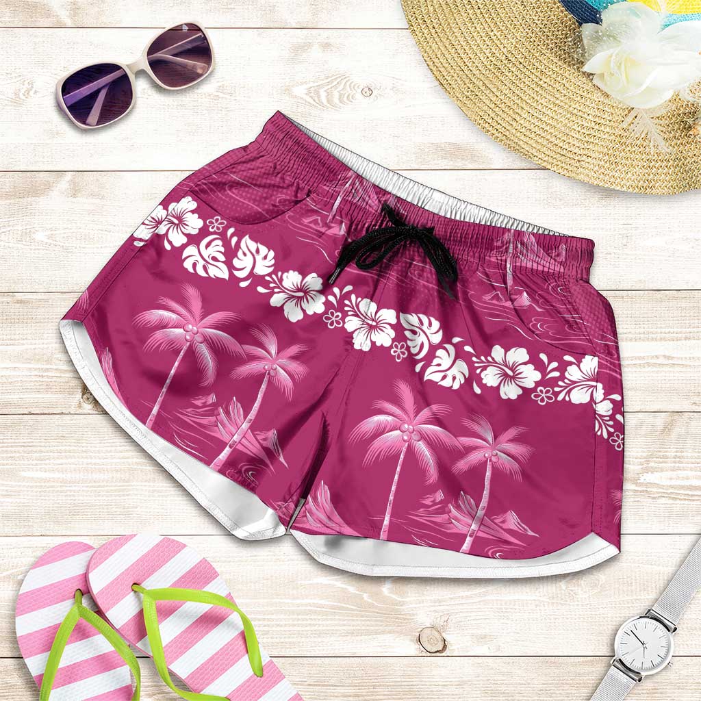 Pink Hawaii Palm Tree Hibiscus Shorts for Women Fantasy Summer Vibe