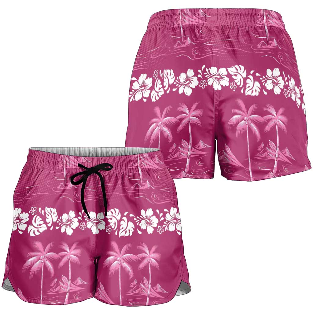 Pink Hawaii Palm Tree Hibiscus Shorts for Women Fantasy Summer Vibe