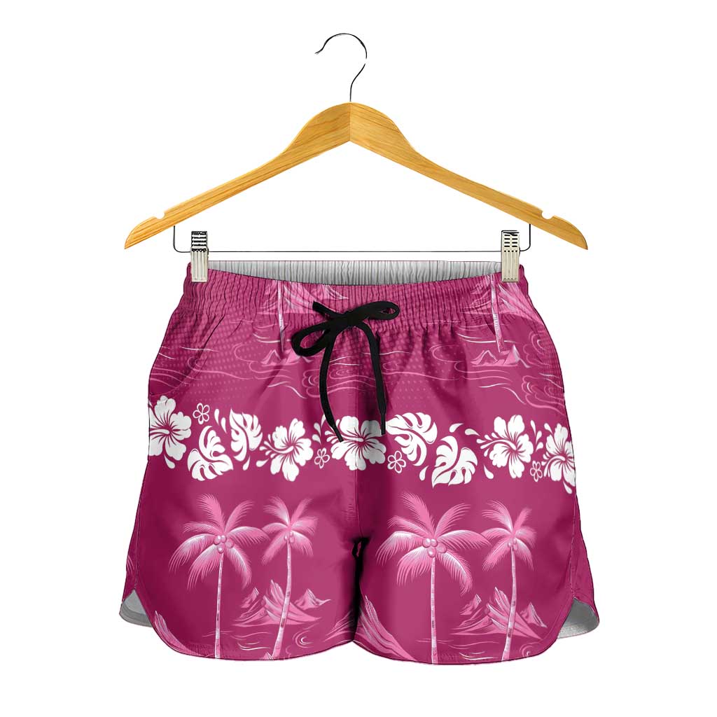 Pink Hawaii Palm Tree Hibiscus Shorts for Women Fantasy Summer Vibe