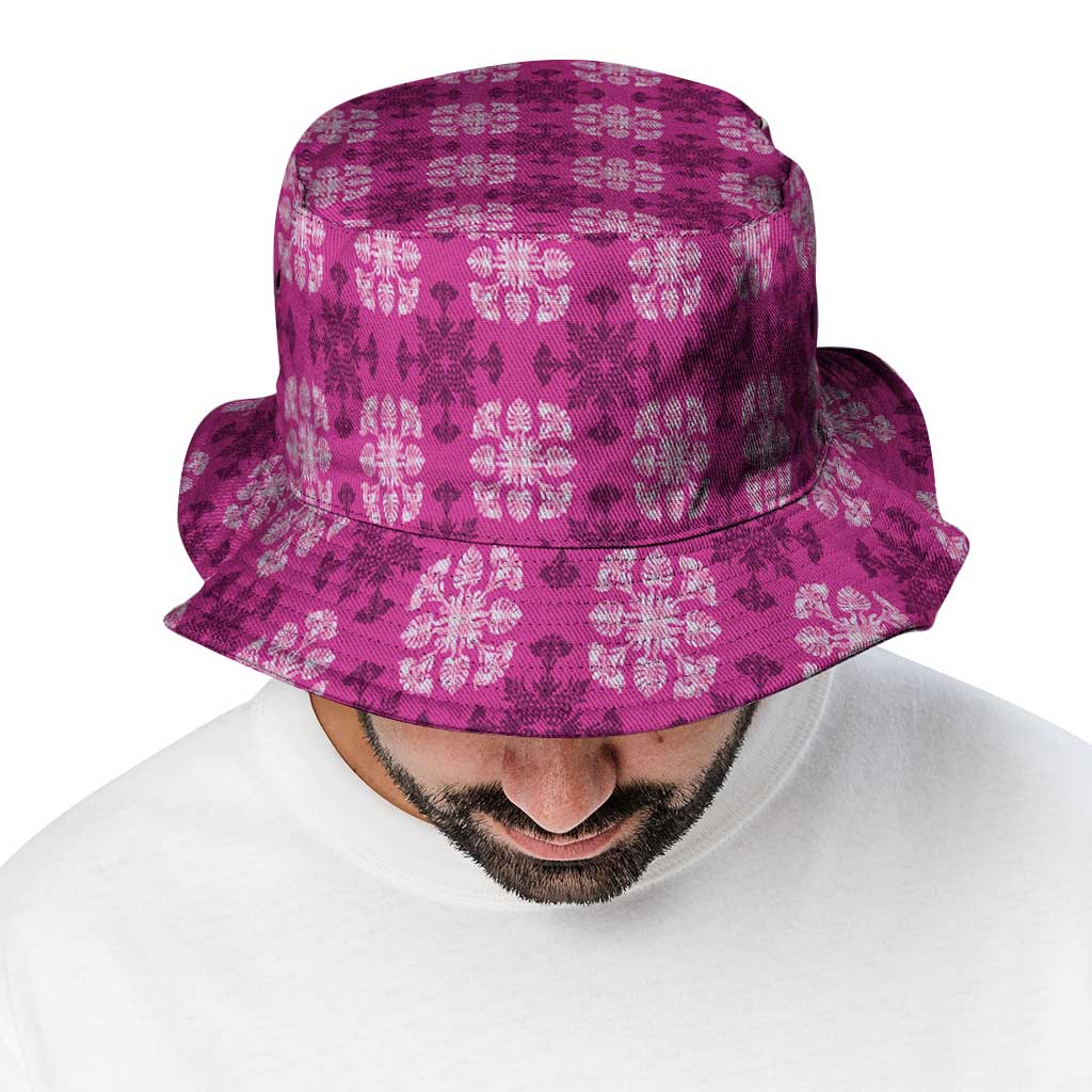 Pink Hawaiian Quilt Bucket Hat Hawaii Pineapple Monstera Palaka Motifs - Polynesian Pride