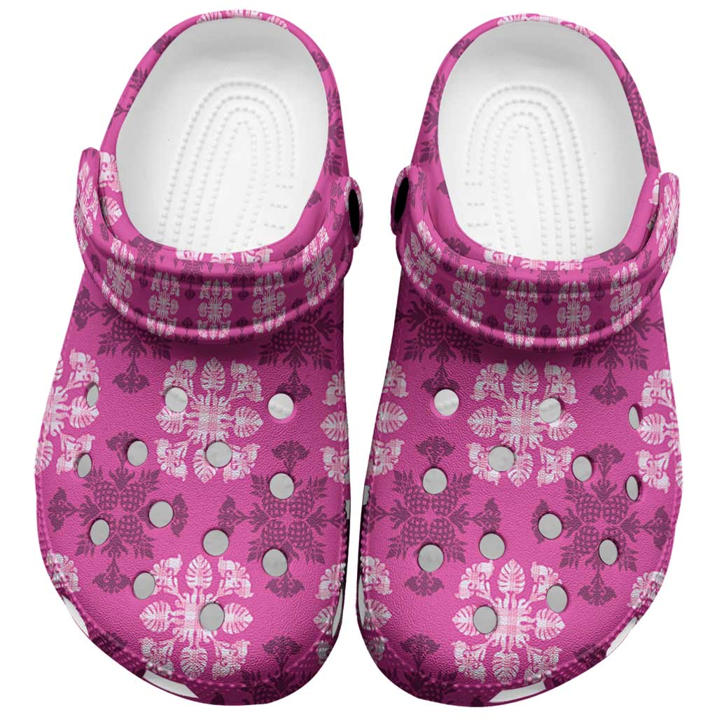 Pink Hawaiian Quilt Clogs Shoes Hawaii Pineapple Monstera Palaka Motifs - Polynesian Pride