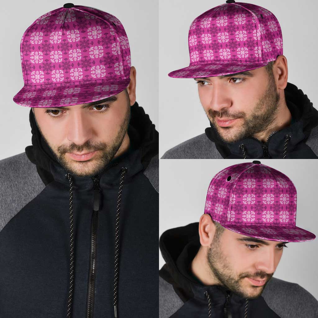 Pink Hawaiian Quilt Snapback Cap Hawaii Pineapple Monstera Palaka Motifs - Polynesian Pride