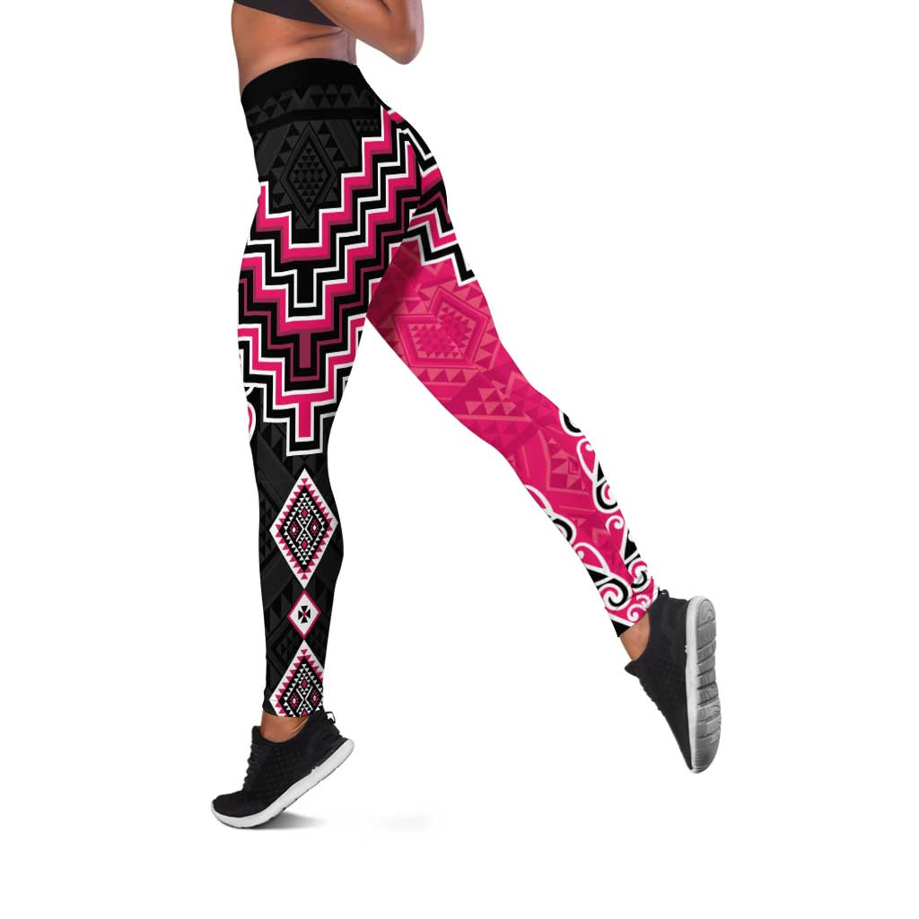 Pink Niho Taniwha Mix Poutama Leggings Unique Taniko Aotearoa - Polynesian Pride