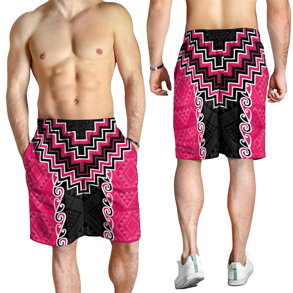 Pink Niho Taniwha Mix Poutama Shorts for Men Unique Taniko Aotearoa - Polynesian Pride