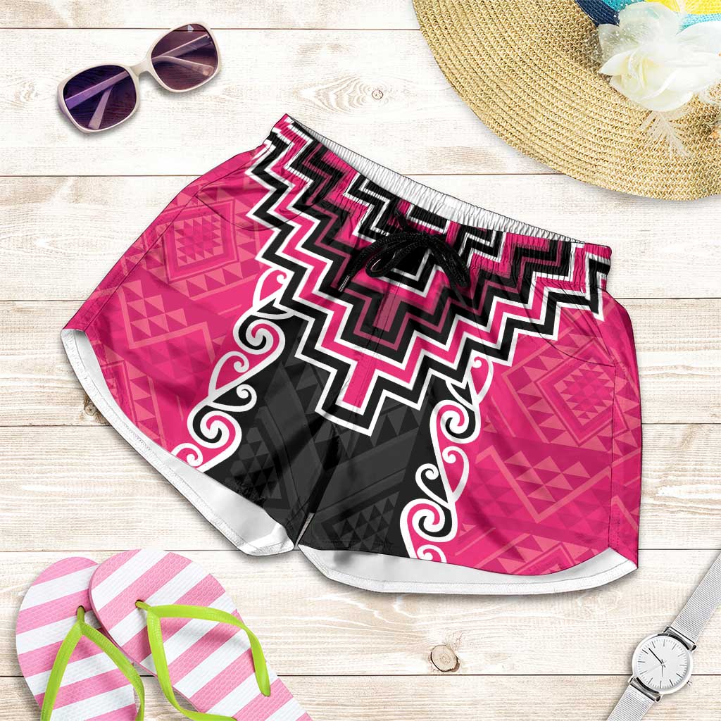 Pink Niho Taniwha Mix Poutama Shorts for Women Unique Taniko Aotearoa - Polynesian Pride