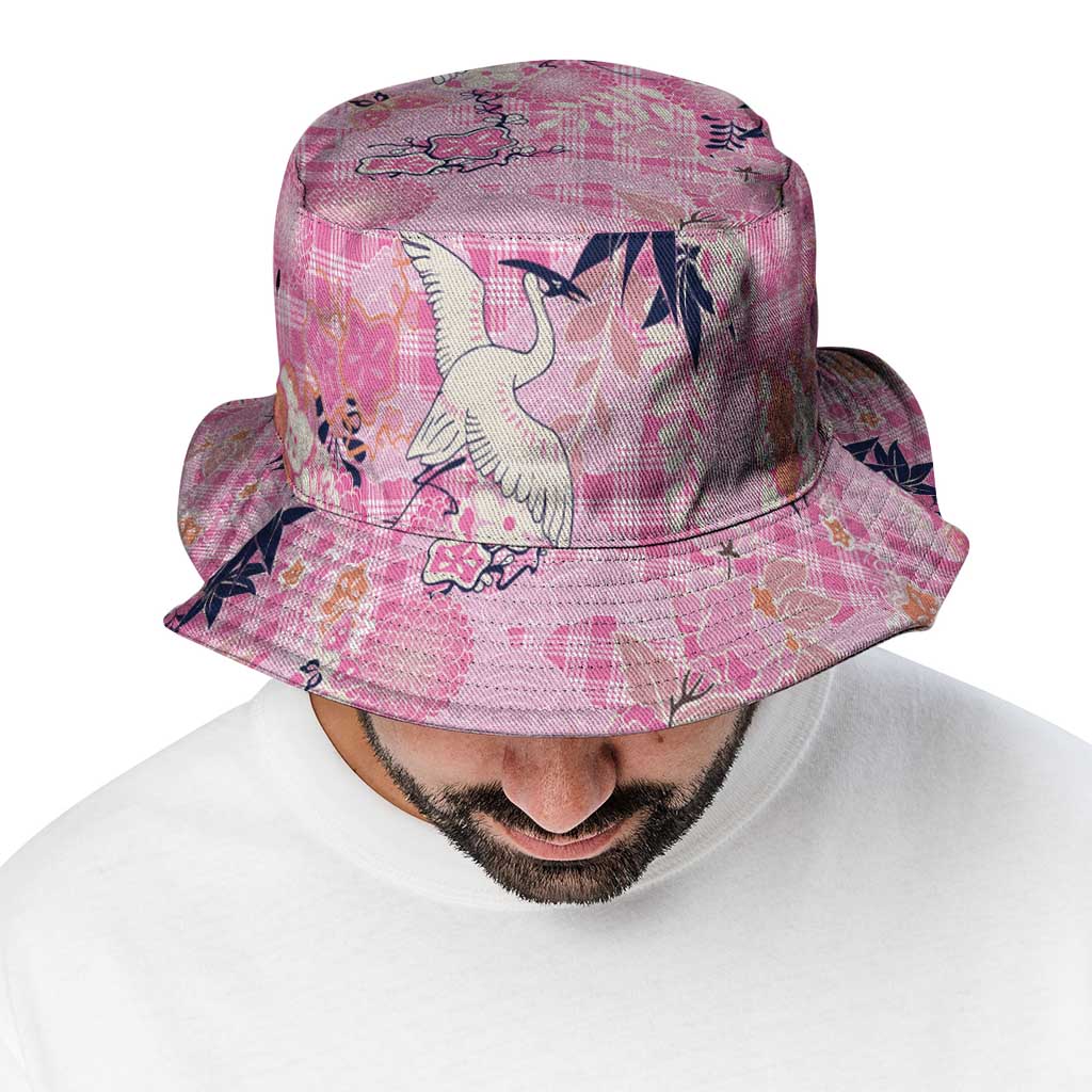 Pink Palaka Crane and Flowers Bucket Hat Japan Heritage Spirit - Polynesian Pride