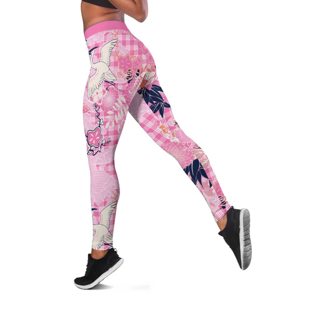 Pink Palaka Crane and Flowers Leggings Japan Heritage Spirit - Polynesian Pride