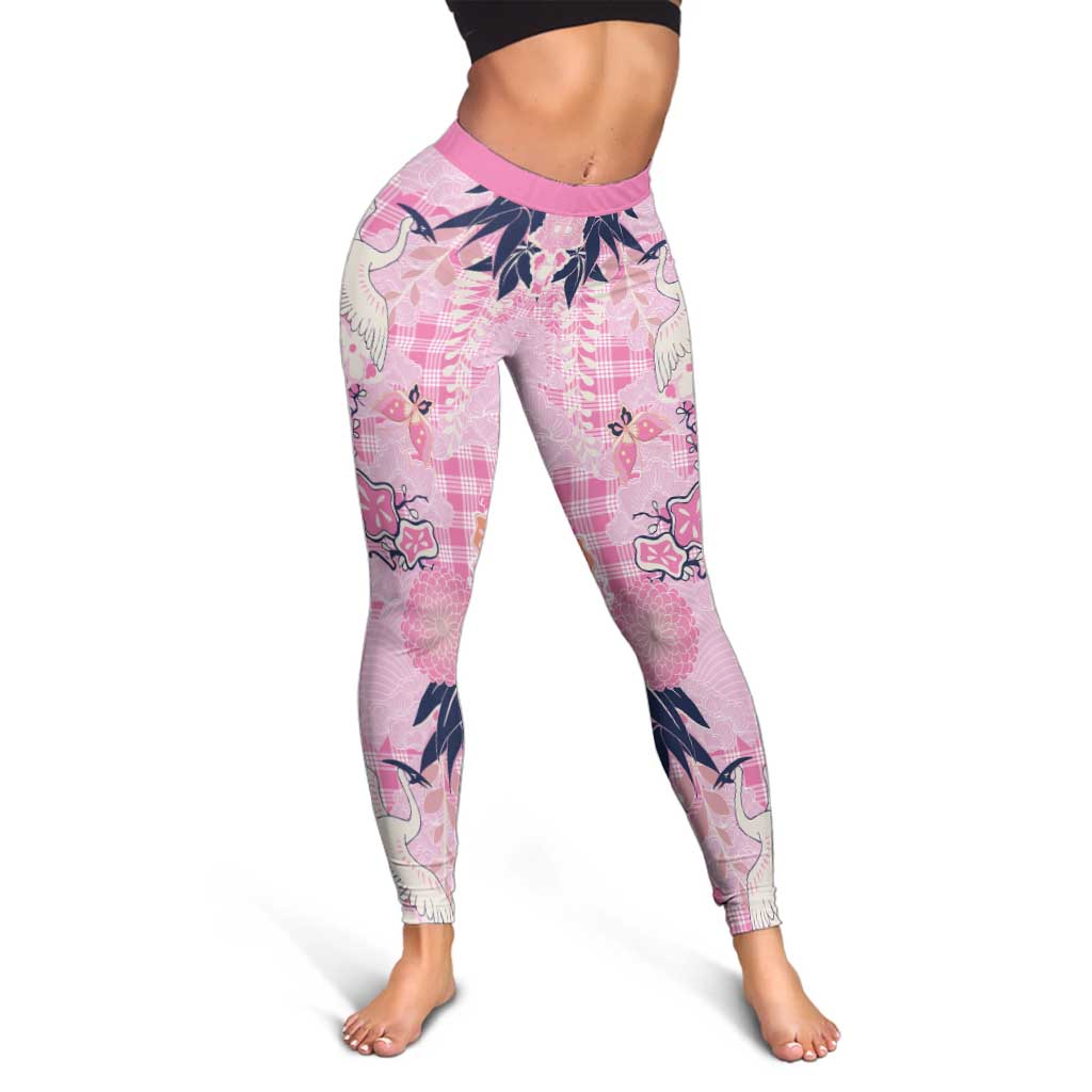 Pink Palaka Crane and Flowers Leggings Japan Heritage Spirit - Polynesian Pride