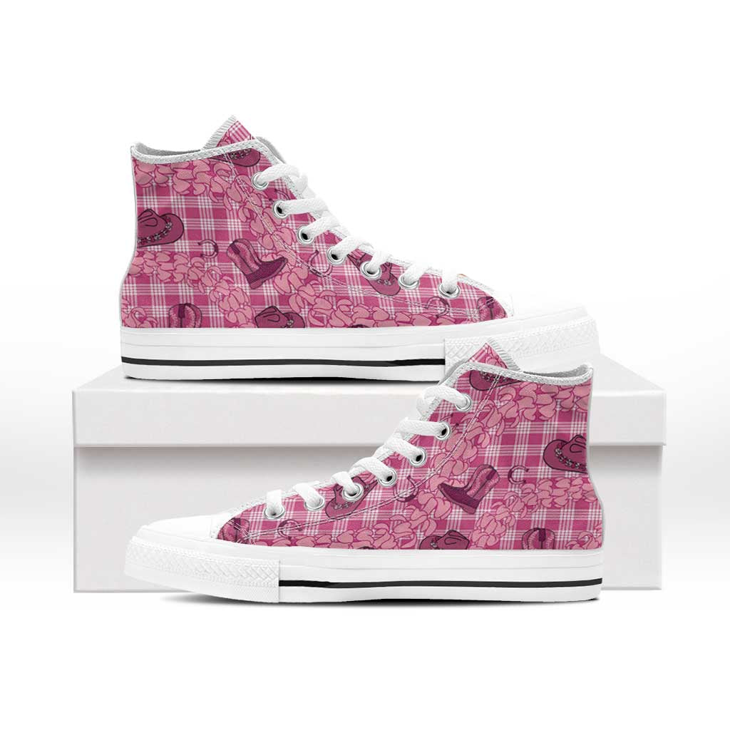 Pink Palaka Hawaii Cowboy High Top Shoes Puakenikeni Lei Paniolo Papale Seamless Vibes - Polynesian Pride