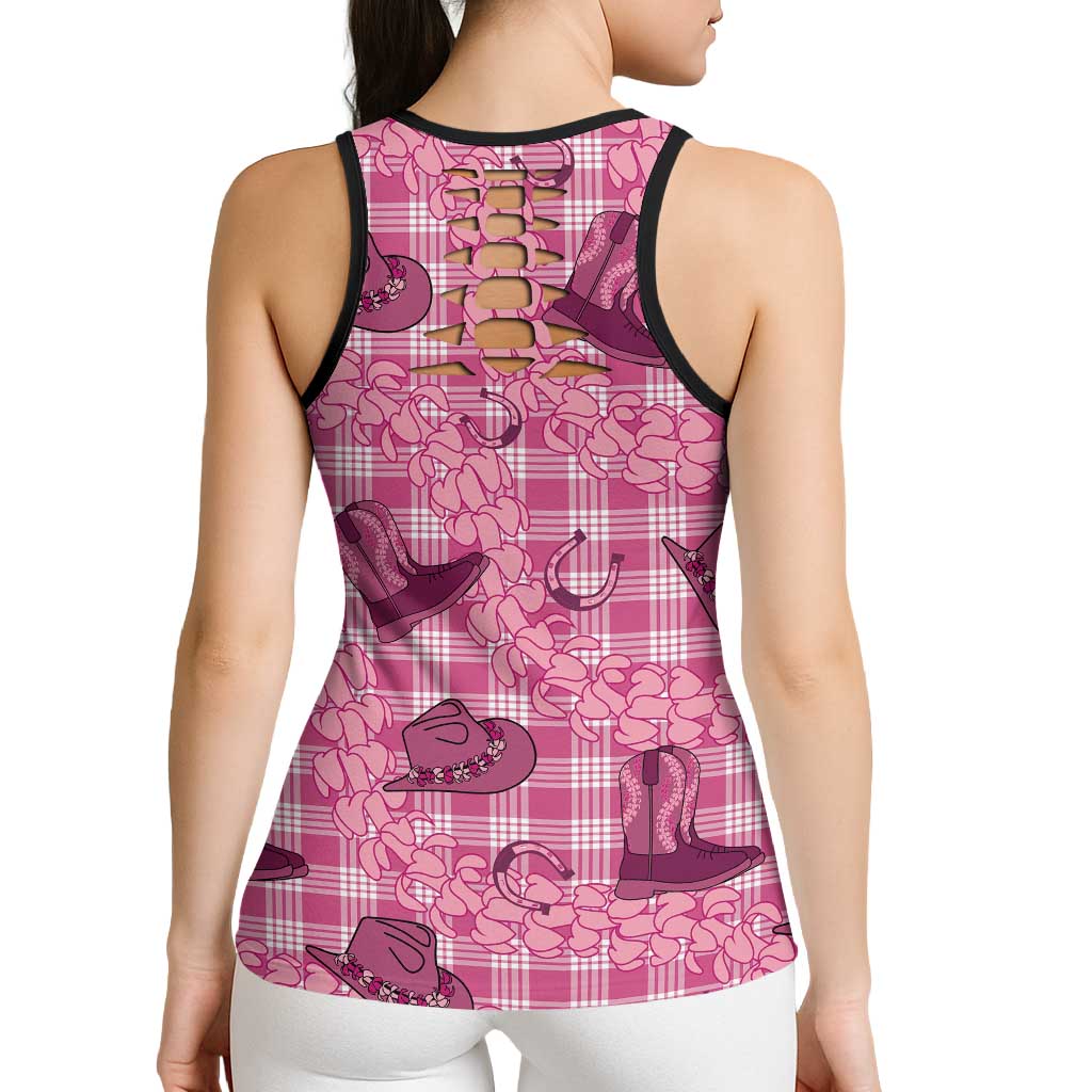 Pink Palaka Hawaii Cowboy Hollow Tank Top Puakenikeni Lei Paniolo Papale Seamless Vibes - Polynesian Pride