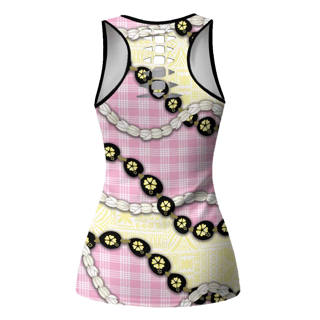 Pink Palaka Hawaii Hollow Tank Top Kukui Nut Pikake Lei Hawaiian Tapa Pattern - Polynesian Pride