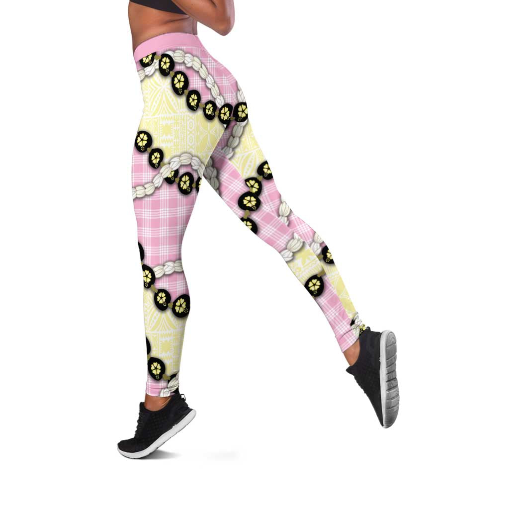 Pink Palaka Hawaii Leggings Kukui Nut Pikake Lei Hawaiian Tapa Pattern - Polynesian Pride