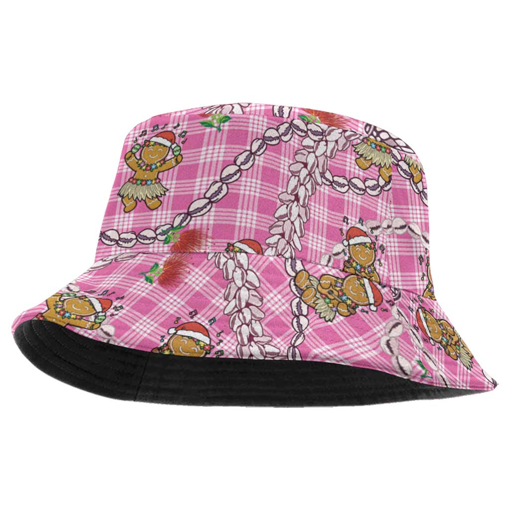 Pink Palaka Hawaii Mele Kalikimaka Bucket Hat Ohia Lehua Shell Leis Funny Gingerbread Santa - Polynesian Pride