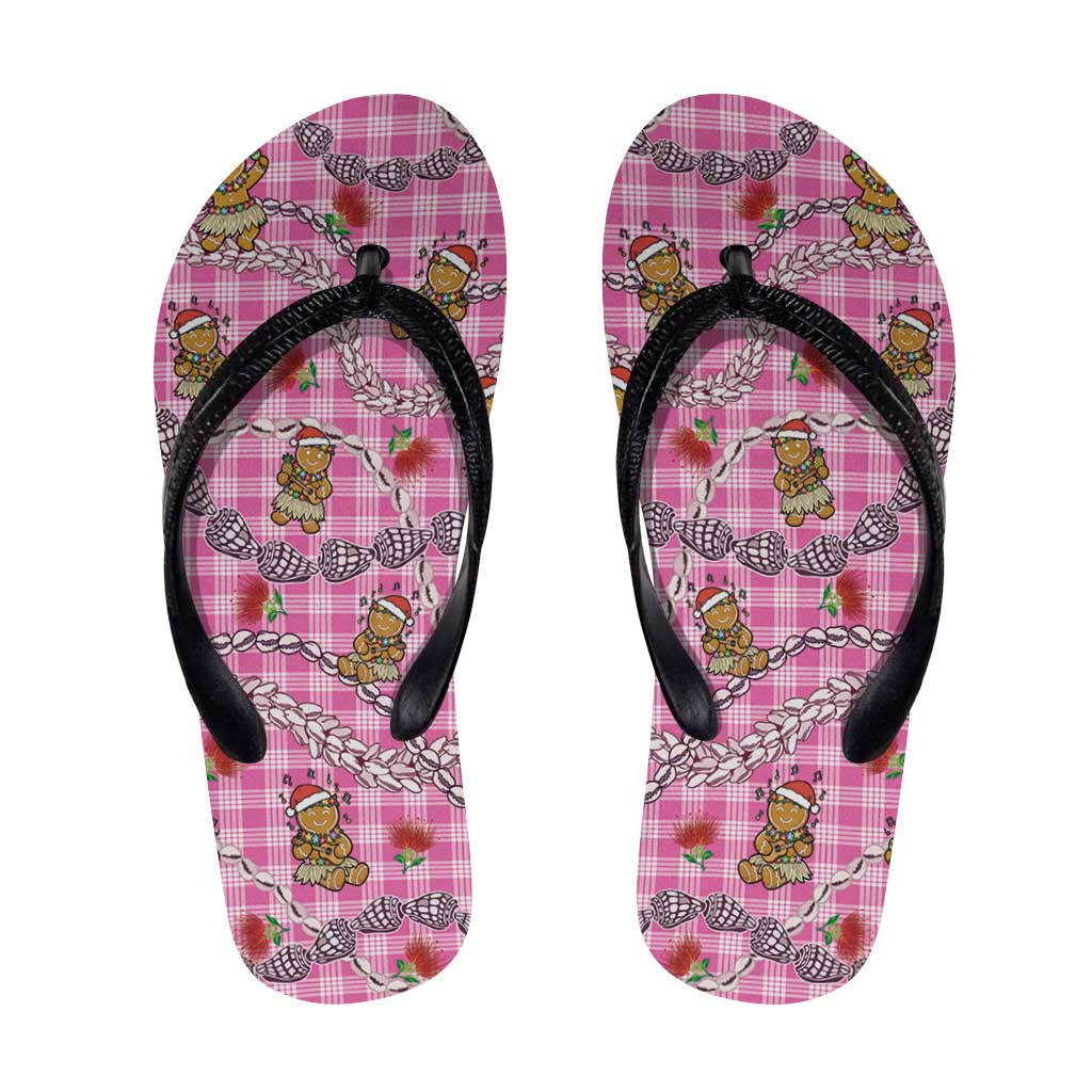 Pink Palaka Hawaii Mele Kalikimaka Flip Flops Ohia Lehua Shell Leis Funny Gingerbread Santa - Polynesian Pride