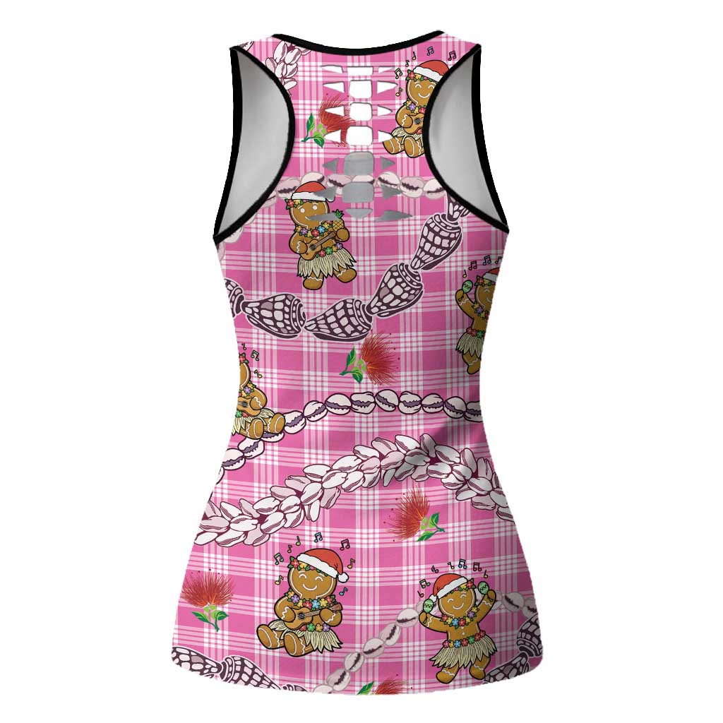 Pink Palaka Hawaii Mele Kalikimaka Hollow Tank Top Ohia Lehua Shell Leis Funny Gingerbread Santa - Polynesian Pride