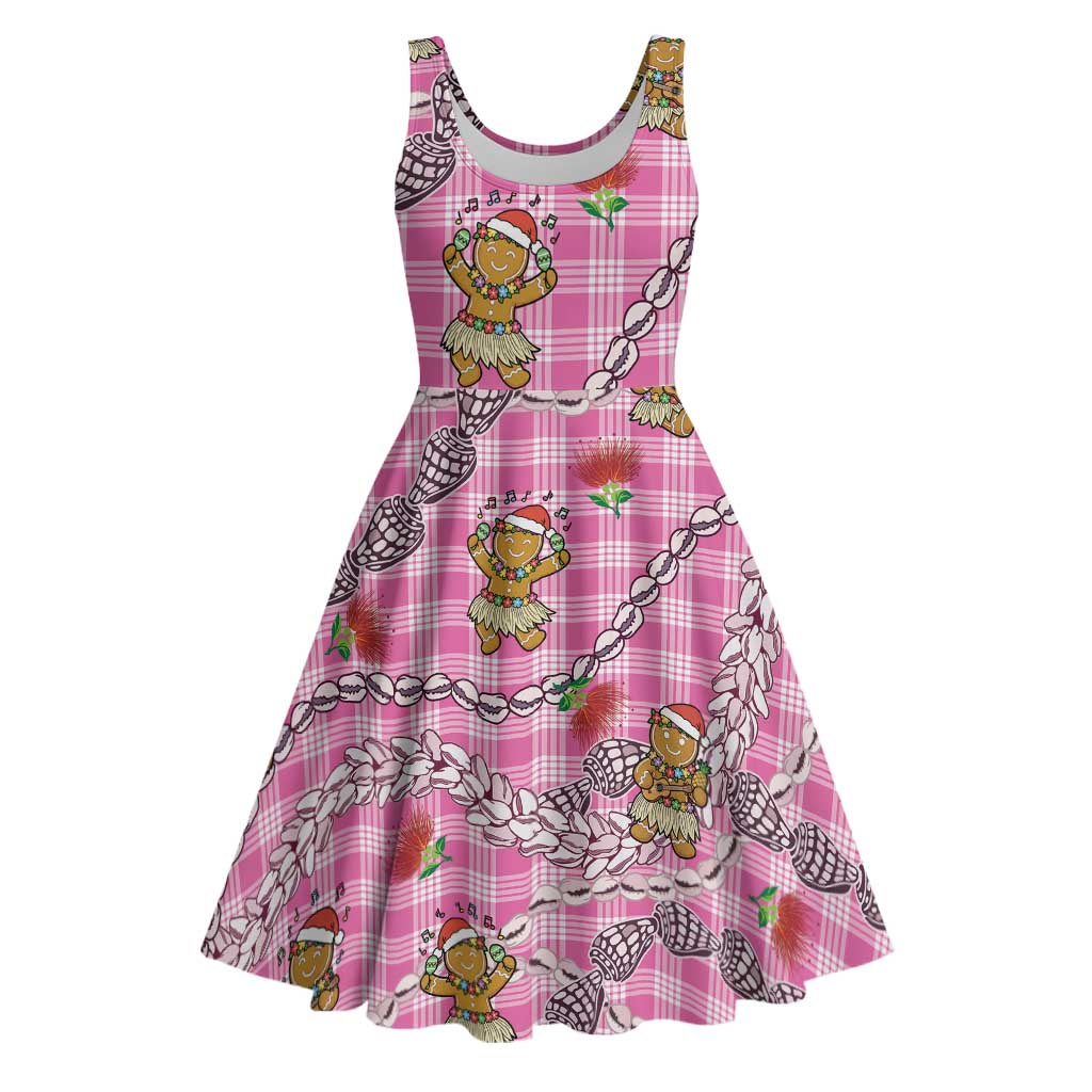 Pink Palaka Hawaii Mele Kalikimaka Midi Dress Ohia Lehua Shell Leis Funny Gingerbread Santa - Polynesian Pride