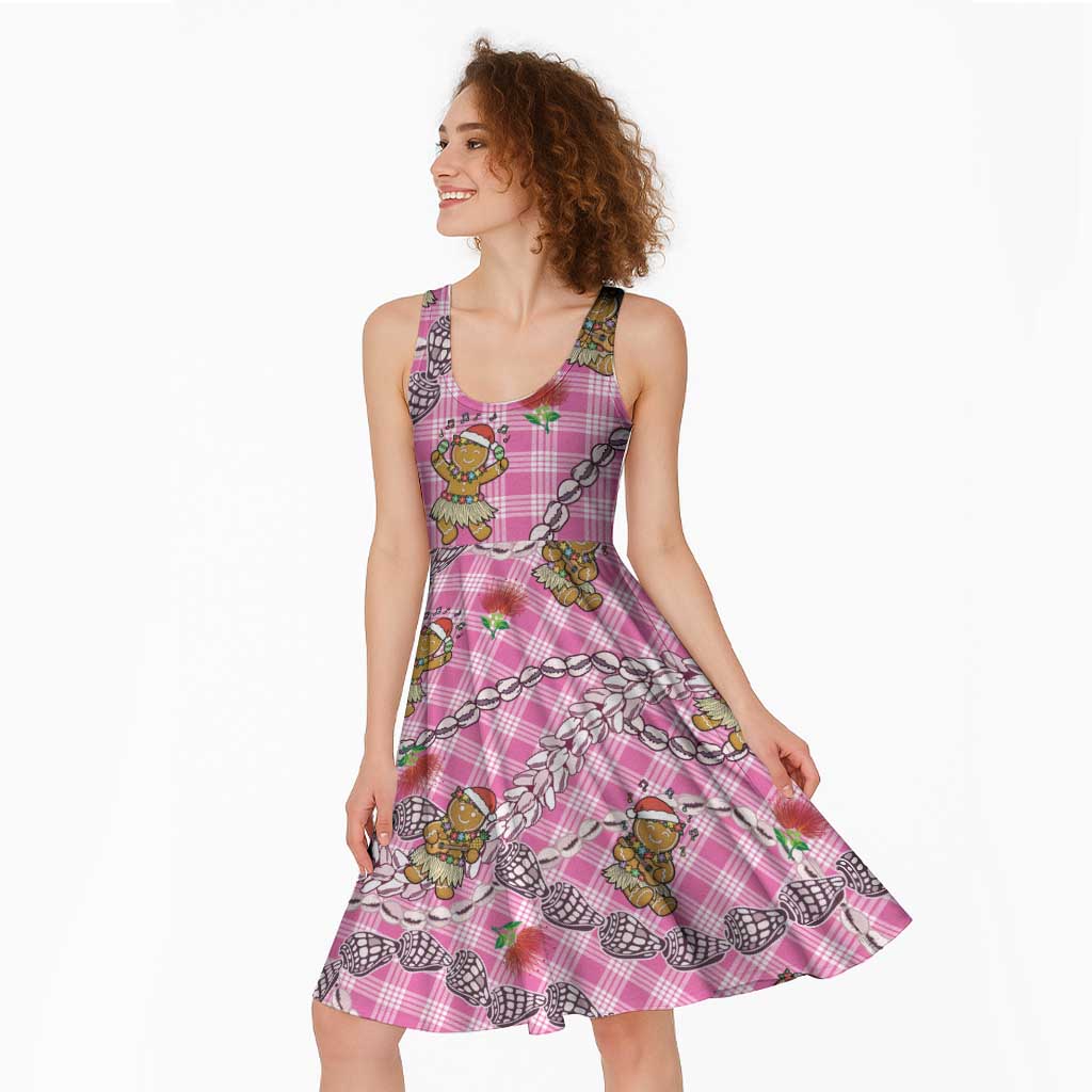 Pink Palaka Hawaii Mele Kalikimaka Midi Dress Ohia Lehua Shell Leis Funny Gingerbread Santa - Polynesian Pride