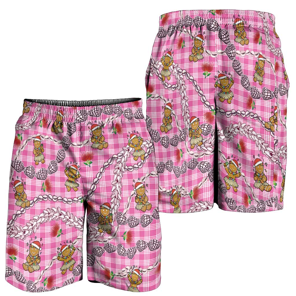 Pink Palaka Hawaii Mele Kalikimaka Shorts for Men Ohia Lehua Shell Leis Funny Gingerbread Santa - Polynesian Pride
