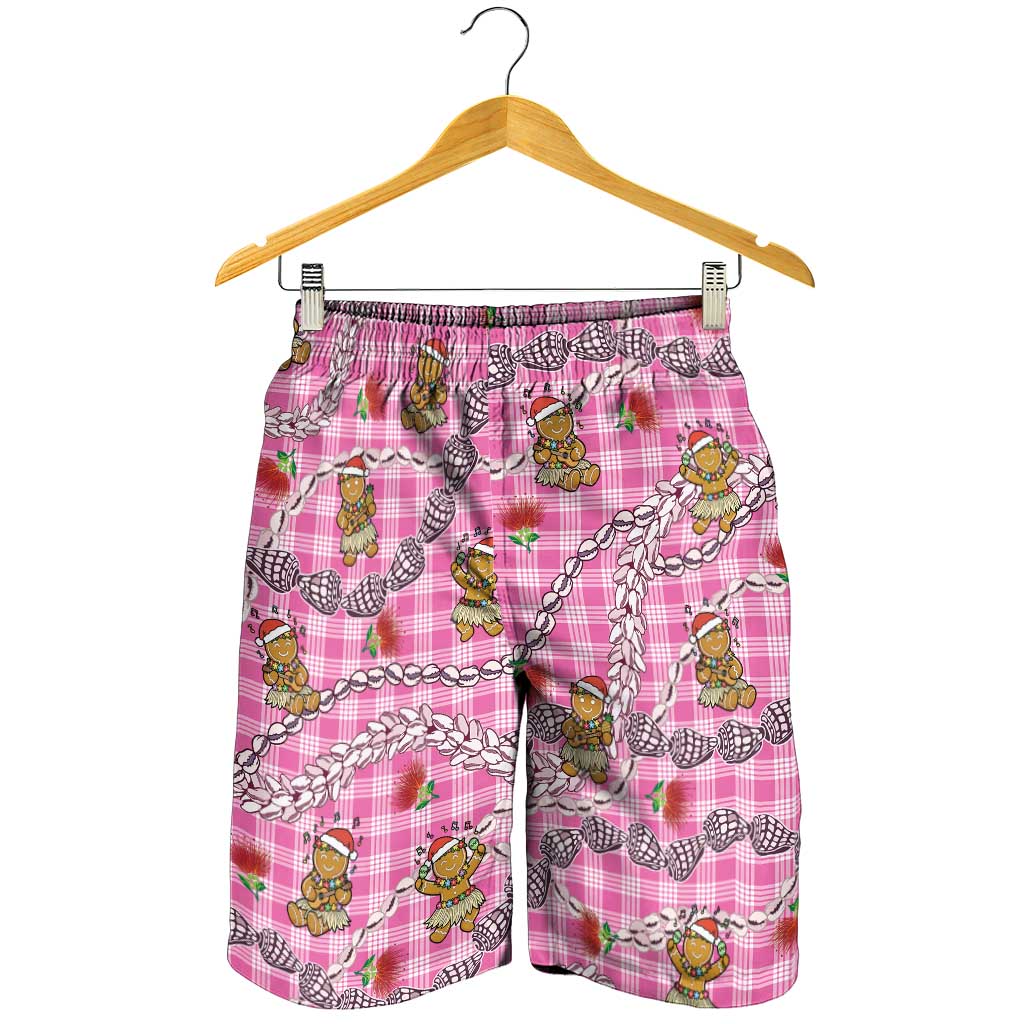 Pink Palaka Hawaii Mele Kalikimaka Shorts for Men Ohia Lehua Shell Leis Funny Gingerbread Santa - Polynesian Pride