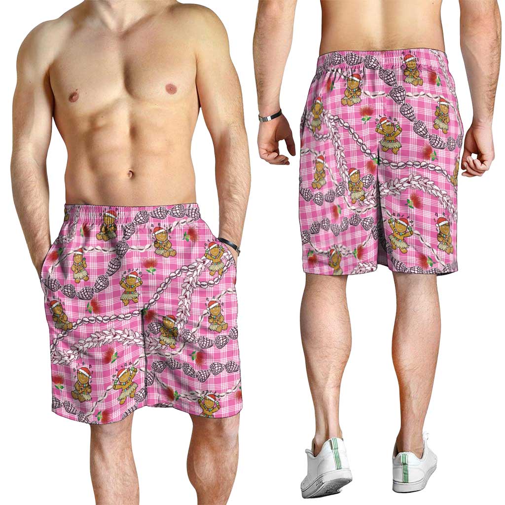 Pink Palaka Hawaii Mele Kalikimaka Shorts for Men Ohia Lehua Shell Leis Funny Gingerbread Santa - Polynesian Pride