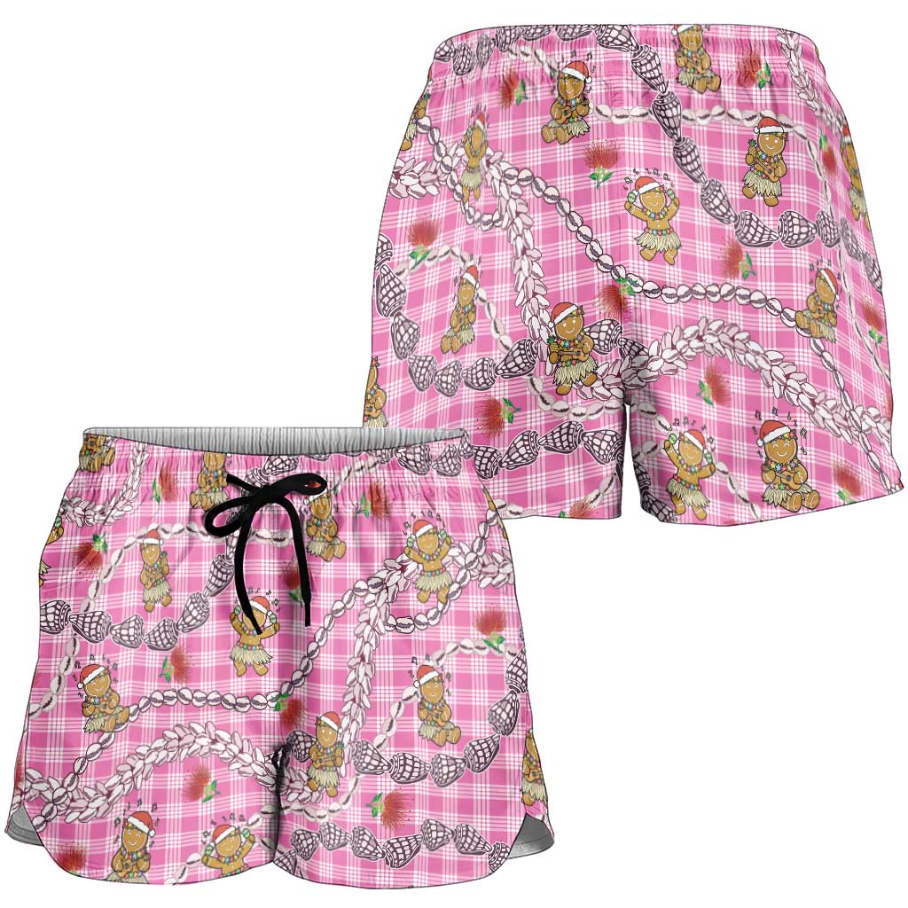 Pink Palaka Hawaii Mele Kalikimaka Shorts for Women Ohia Lehua Shell Leis Funny Gingerbread Santa - Polynesian Pride
