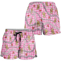 Pink Palaka Hawaii Mele Kalikimaka Shorts for Women Ohia Lehua Shell Leis Funny Gingerbread Santa - Polynesian Pride
