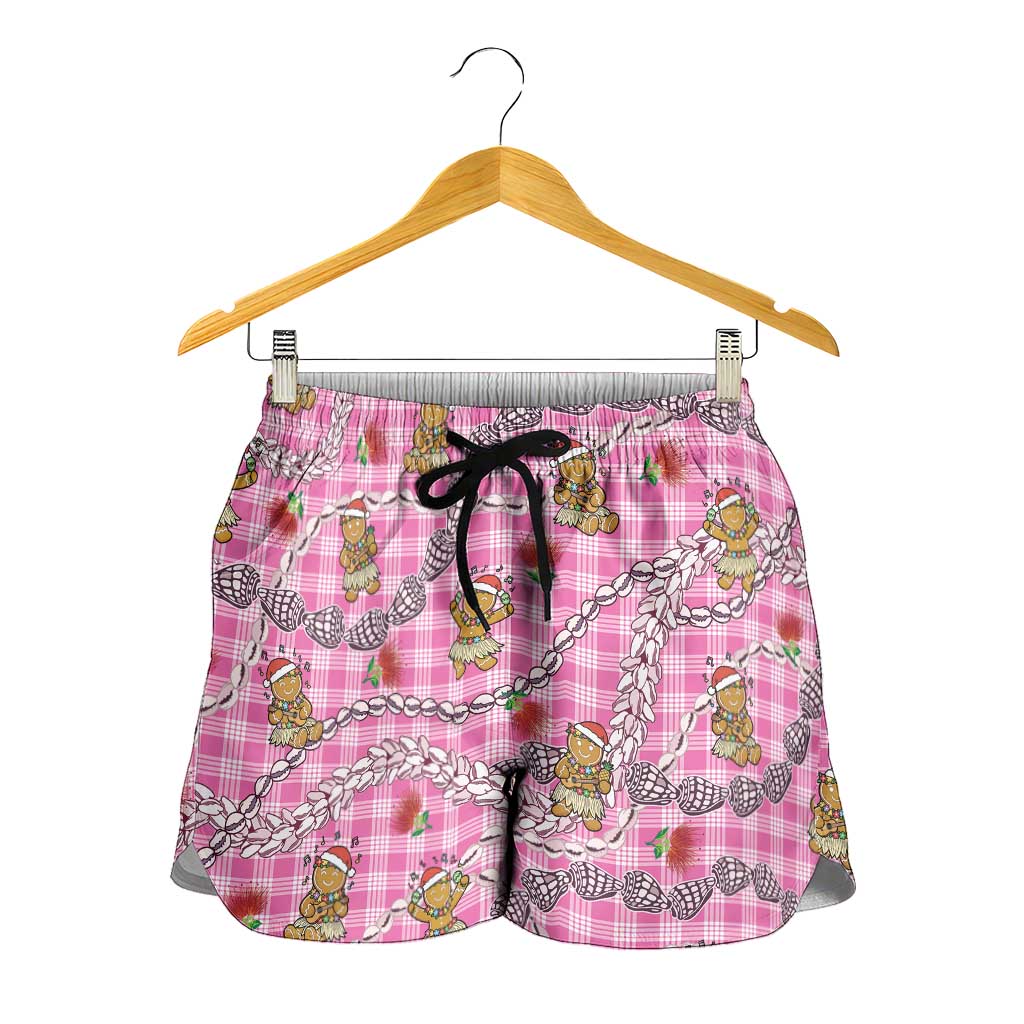 Pink Palaka Hawaii Mele Kalikimaka Shorts for Women Ohia Lehua Shell Leis Funny Gingerbread Santa - Polynesian Pride