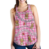 Pink Palaka Hawaii Mele Kalikimaka Women Racerback Tank Ohia Lehua Shell Leis Funny Gingerbread Santa - Polynesian Pride