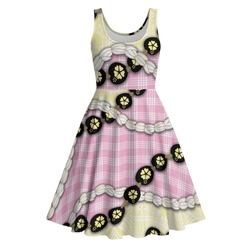 Pink Palaka Hawaii Midi Dress Kukui Nut Pikake Lei Hawaiian Tapa Pattern - Polynesian Pride