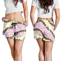 Pink Palaka Hawaii Shorts for Women Kukui Nut Pikake Lei Hawaiian Tapa Pattern - Polynesian Pride