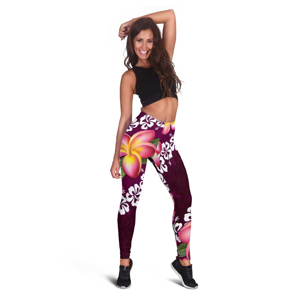 Pink Polynesia Leggings Plumeria With Hibiscus Pattern Tropical Vibes - Polynesian Pride