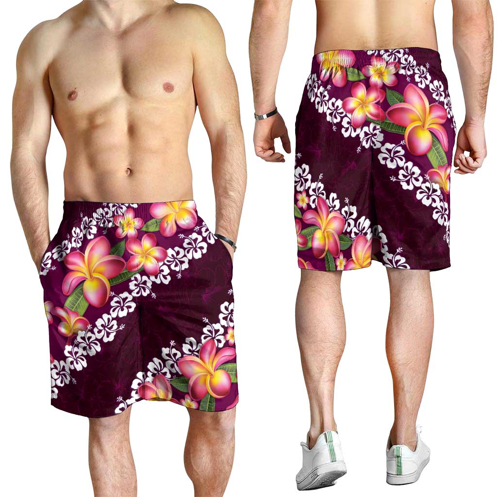 Pink Polynesia Shorts for Men Plumeria With Hibiscus Pattern Tropical Vibes - Polynesian Pride