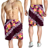 Pink Polynesia Shorts for Men Plumeria With Hibiscus Pattern Tropical Vibes - Polynesian Pride