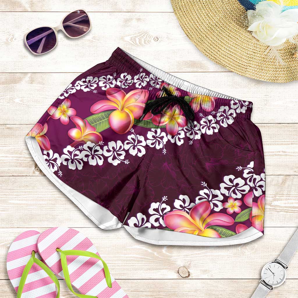 Pink Polynesia Shorts for Women Plumeria With Hibiscus Pattern Tropical Vibes - Polynesian Pride