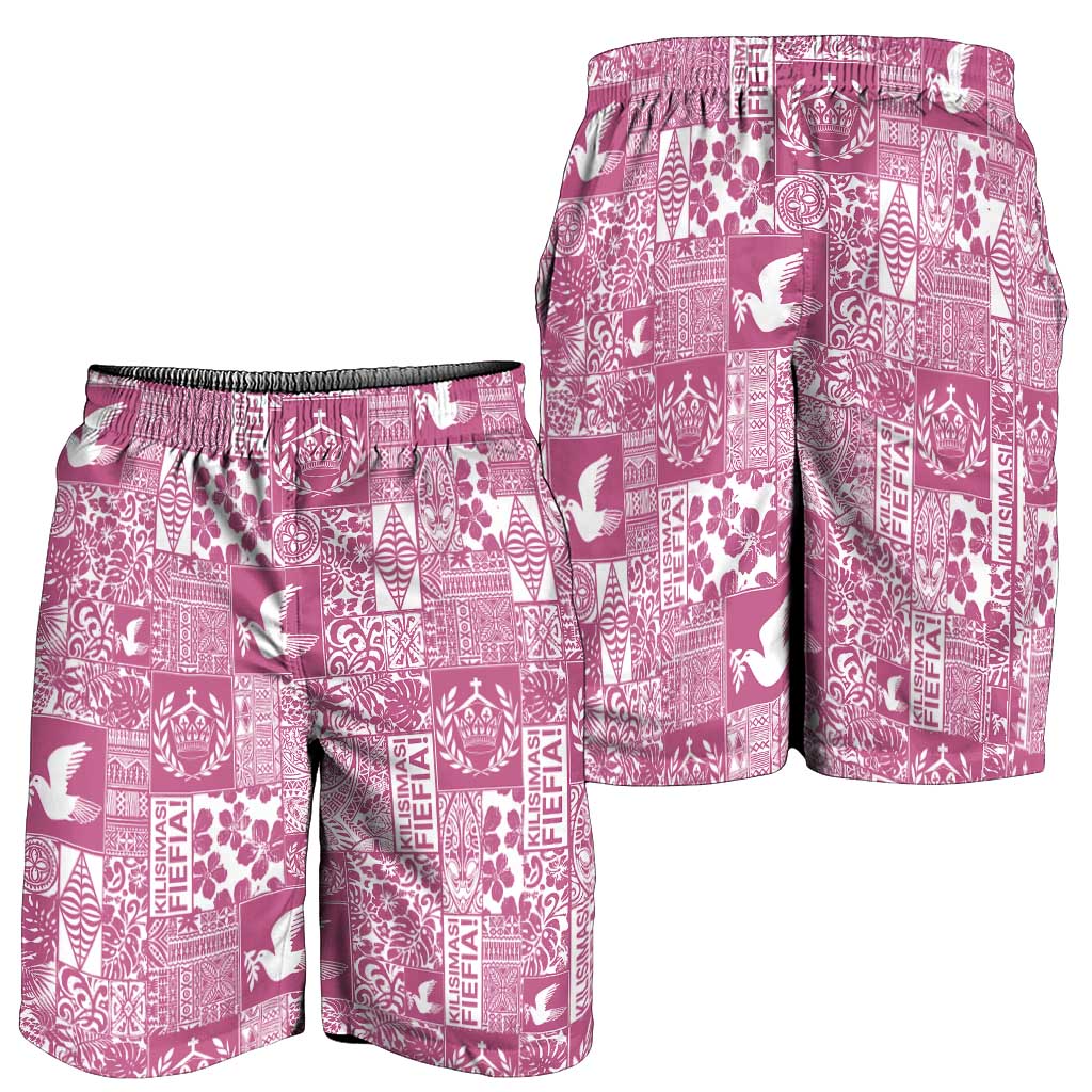 Pink Tonga Kilisimasi Fiefia Shorts for Men Pacific Patchwork Xmas Vibes - Polynesian Pride