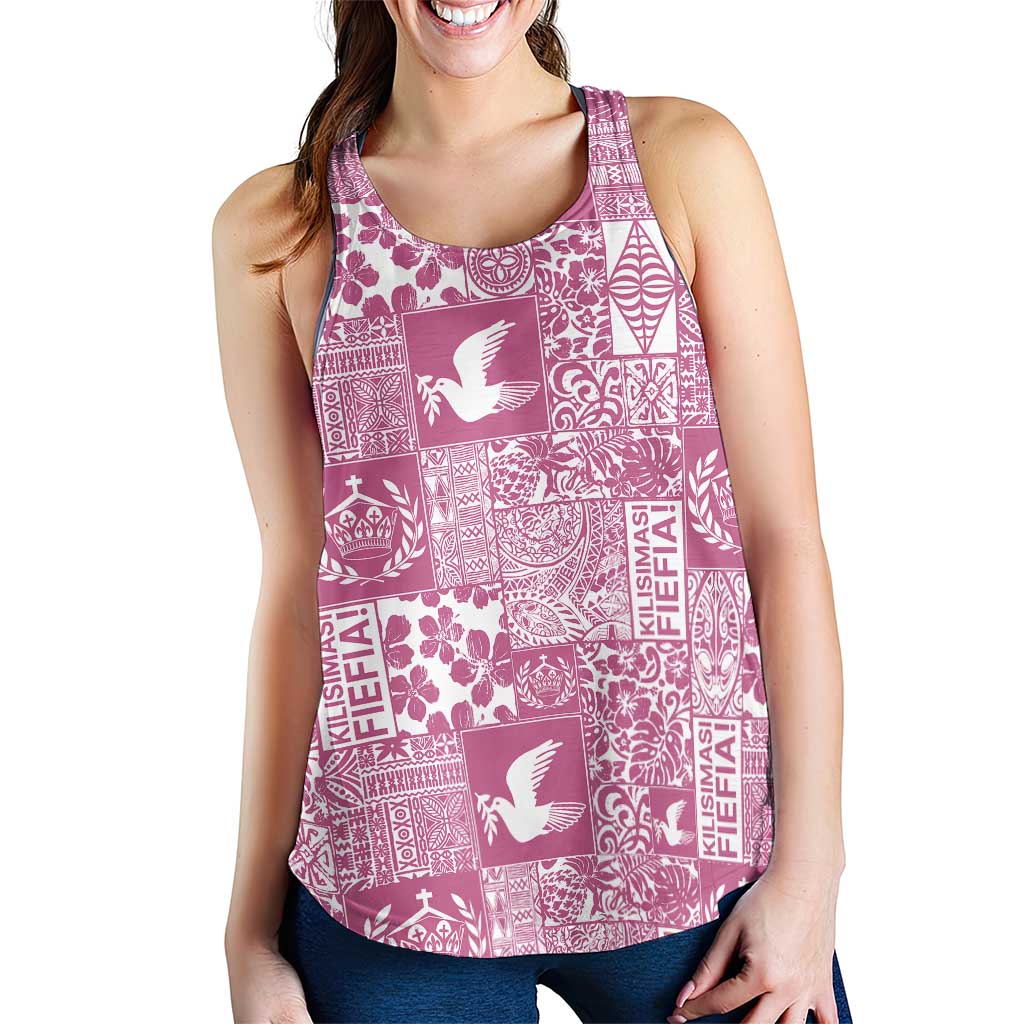 Pink Tonga Kilisimasi Fiefia Women Racerback Tank Pacific Patchwork Xmas Vibes - Polynesian Pride