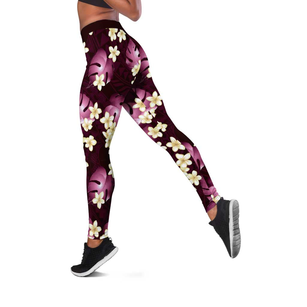 Pink Tropical Hawaii Leggings Seamless Monstera Plumeria Hawaiian Pattern - Polynesian Pride