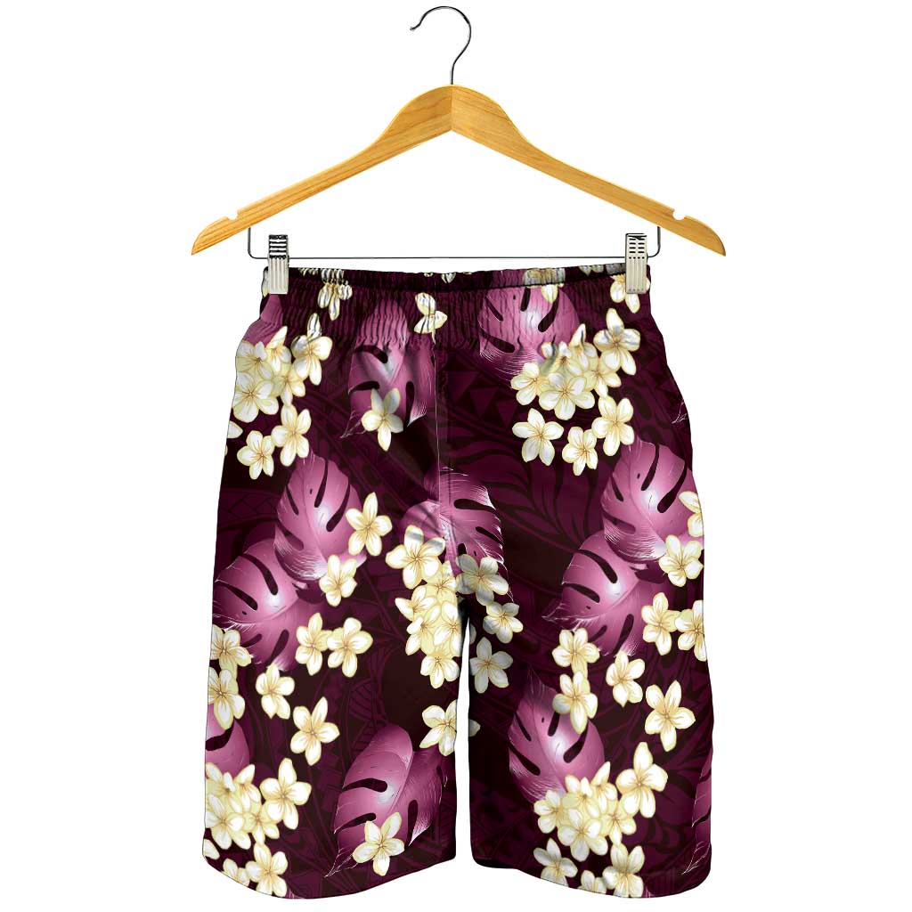 Pink Tropical Hawaii Shorts for Men Seamless Monstera Plumeria Hawaiian Pattern - Polynesian Pride