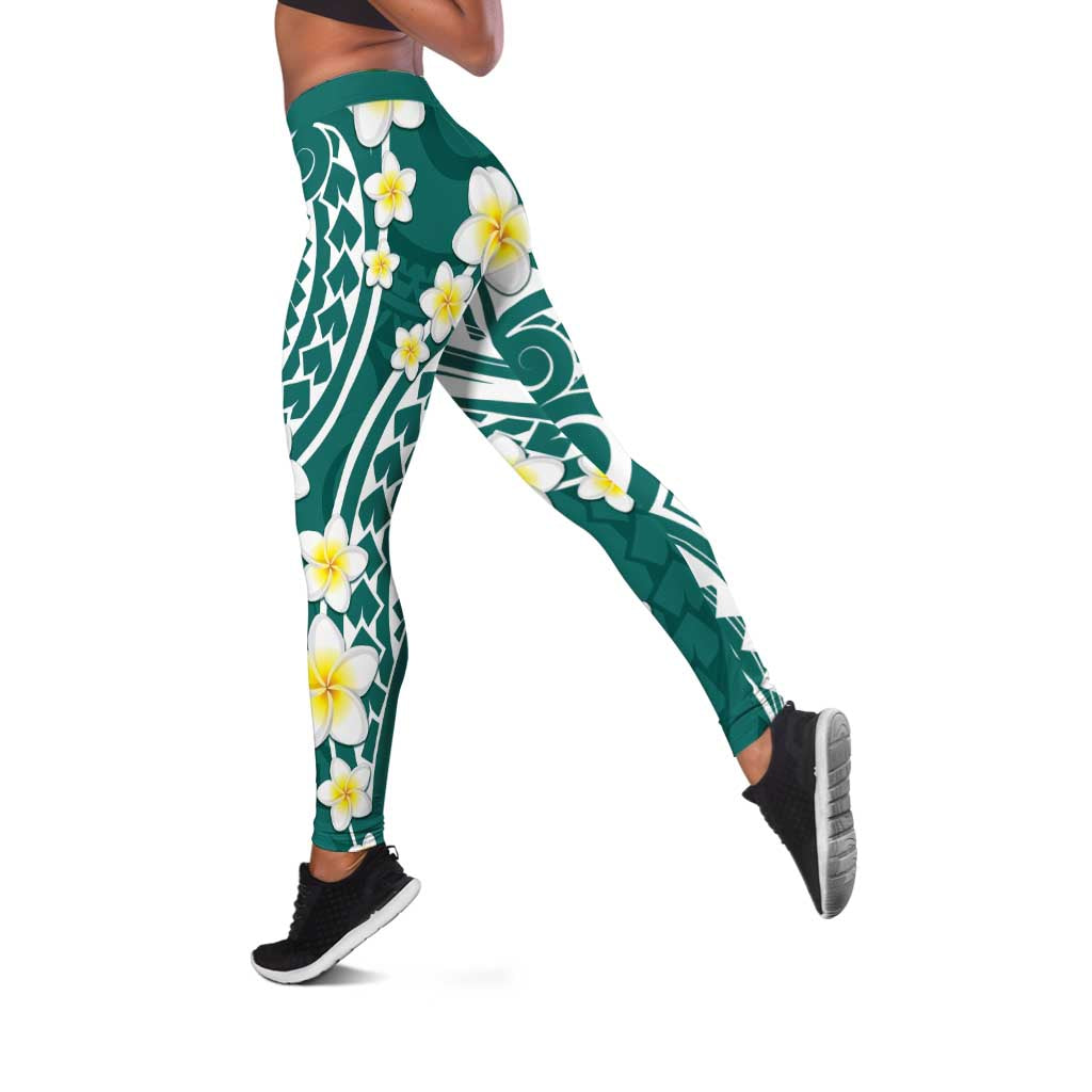 Plumeria With Teal Polynesian Tattoo Pattern Leggings - Polynesian Pride