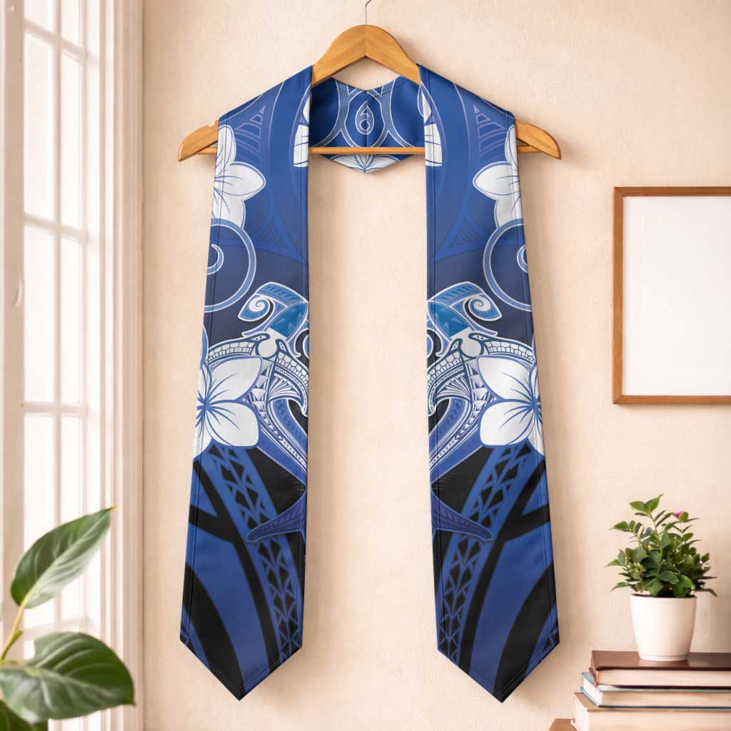Polynesia Hammerhead Shark Graduation Stole Blue Tribal Pattern With Plumeria