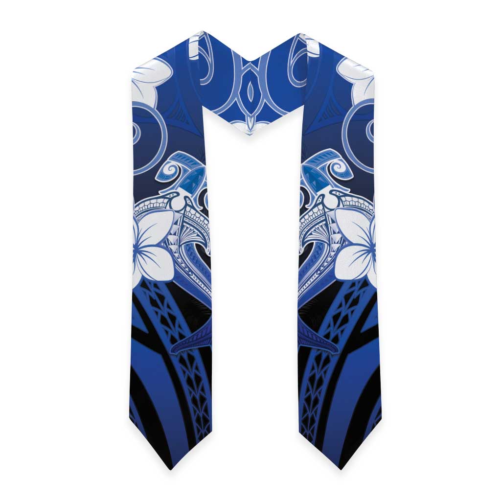 Polynesia Hammerhead Shark Graduation Stole Blue Tribal Pattern With Plumeria