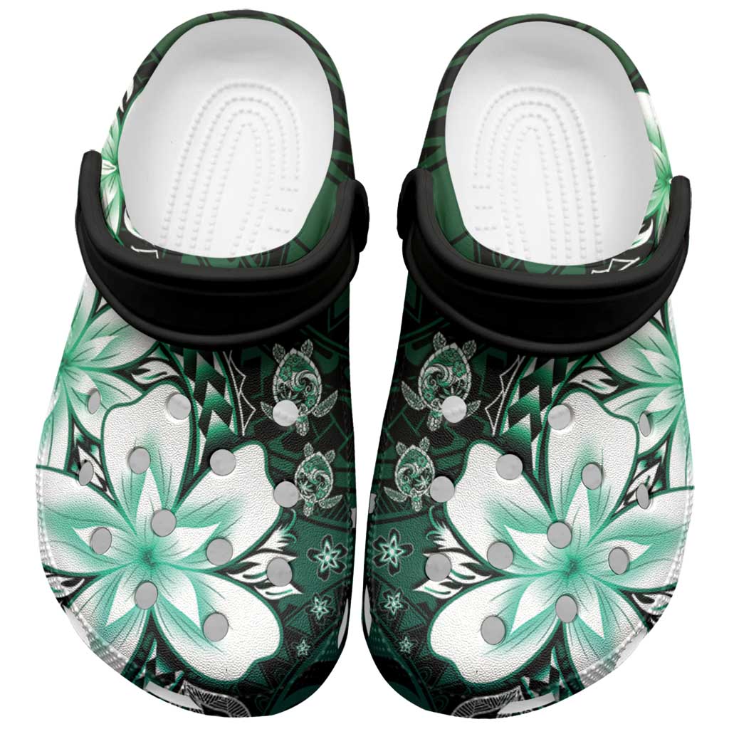Polynesia Romantic Valentine Clogs Shoes Sea Turtle Couple With Aqua Gradient Plumeria