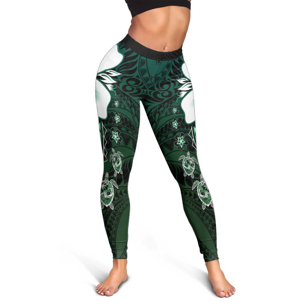 Polynesia Romantic Valentine Leggings Sea Turtle Couple With Aqua Gradient Plumeria