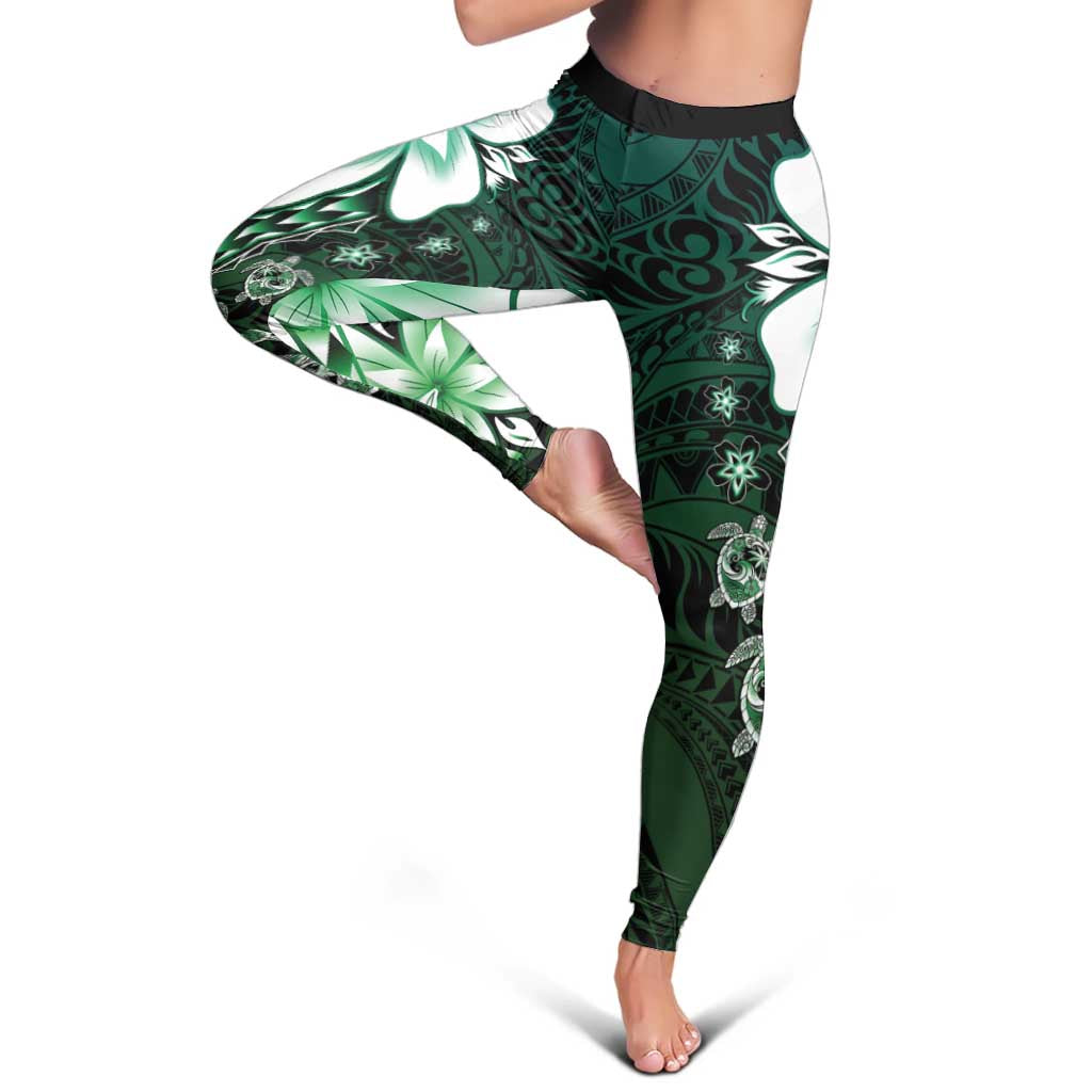 Polynesia Romantic Valentine Leggings Sea Turtle Couple With Aqua Gradient Plumeria