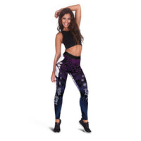 Polynesia Romantic Valentine Leggings Sea Turtle Couple With Purple Gradient Plumeria